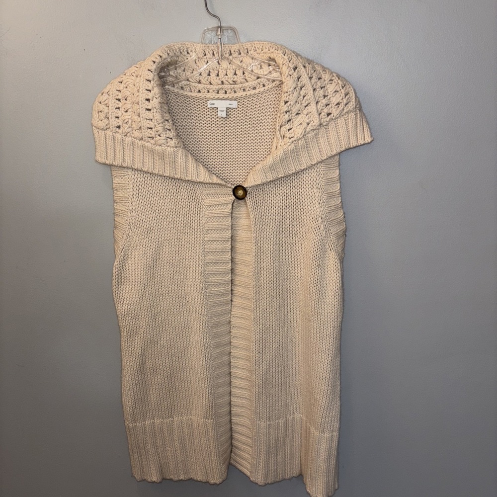 Gap Chunky Knit Longline Shawl Vest Sz L Beige Preppy Cotton/Rabbit Hair‎ Blend